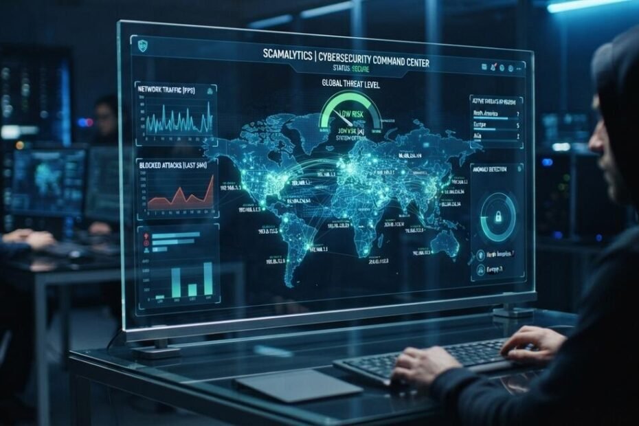 A high-tech digital security monitor displaying a world map and real-time scamalytics IP fraud score analysis
